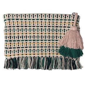 Shiraleah Chicago Woven Boho Clutch Bag Purse Tassel Trim Green Cream Multi